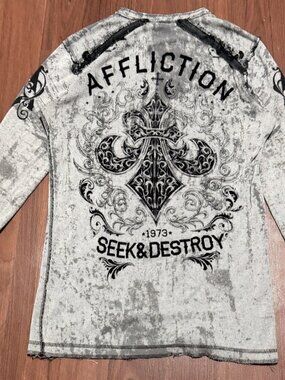 Affliction Mens L Gray Acid Wash Thermal Long Sleeve Shirt Seek & Destroy Y2K